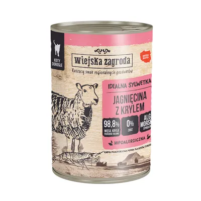 Boîte de nourriture pour chats adultes Wiejska Zagroda, texte visible : Jagnięcina z krylem, 98,8 % viande et krill, 0 % céréales, algues marines spiruline, hypoallergénique.