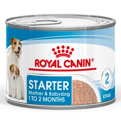 Royal Canin Starter Mother & Babydog 1 to 2 Months, Stage 2. Wet food can with image of dogs. Royal Canin Starter Mother & Babydog 1 to 2 Months, Stage 2. Wet food can with image of dogs.
