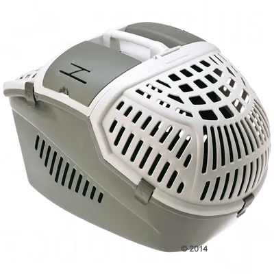 Draagbox van grijs en wit plastic met ventilatieopeningen, handvat bovenop en afsluitbare klep. Geen merknaam zichtbaar.