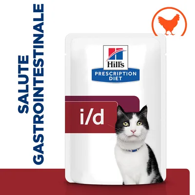Hill's Prescription Diet i/d per gatti, salute gastrointestinale, confezione con immagine di gatto e simbolo pollo in alto a destra.