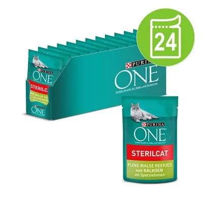 Purina ONE Sterilcat fijne malse reepjes met kalkoen en sperziebonen, verpakking met 24 portiezakjes zichtbaar.