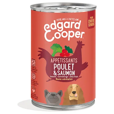 Edgard Cooper nourriture humide pour chiens âgés, poulet et saumon avec brocoli, canneberge, chou frisé, sans céréales.