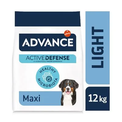 ADVANCE ACTIVE DEFENSE Maxi LIGHT hondenvoer, 12 kg zak, met tekst 'HEALTHY MICROBIOTA' en afbeelding van een hond op de verpakking.