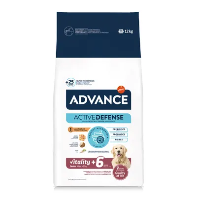 Advance Active Defense Senior Maxi krmivo pro psy, Vitality+ od 6 let, s kuřecím masem, prebiotiky, probiotiky a vlákninou, balení 12 kg.