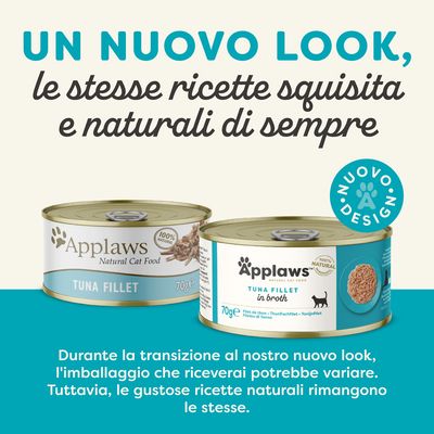 Applaws Natural Cat Food, TUNA FILLET 70g. Testo: Un nuovo look, le stesse ricette squisita e naturali di sempre. Durante la transizione l’imballaggio potrebbe variare, ricette invariate.