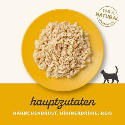 Hauptzutaten: Hähnchenbrust, Hühnerbrühe, Reis. 100% natürliche Zutaten. Gelber Teller mit zerkleinertem Futter und Katzen-Symbol.