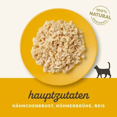 Hauptzutaten: Hähnchenbrust, Hühnerbrühe, Reis. 100% natürliche Zutaten. Gelber Teller mit zerkleinertem Futter und Katzen-Symbol.