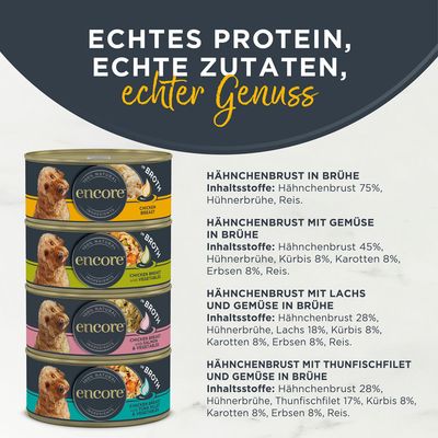 Encore Chicken Selection, 100% natürliche Zutaten, 5 x 156g Dosen: Hähnchenbrust mit Gemüse, Thunfischfilet, Lachs. In Brühe. Verpackung zeigt Produktbild und Hund.