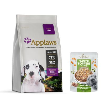 Applaws Hundefutter für grosse Rassen, Geschmacksrichtung Huhn. Getreidefrei, 75% Huhn, 25% Gemüse und natürliche Extrakte. Hypoallergen mit aktivem Probiotikum. Packungsgrösse: 7,5kg.