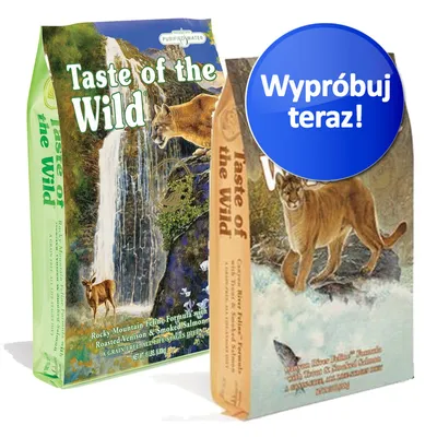 Dwa opakowania Taste of the Wild z widocznymi nazwami i grafiką pumy oraz jelenia. Niebieskie kółko z napisem: Wypróbuj teraz!