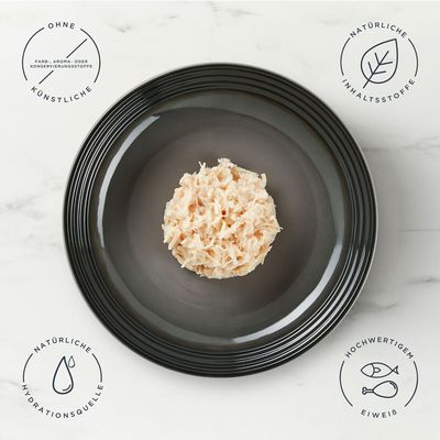 Encore Kitten Finest Selection, 5 x 50g Pouches. Made with natural ingredients. Sorten: 3 x Thunfischfilet, 2 x Hühnerbrust in Gelee.