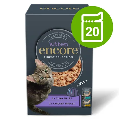 Boîte de nourriture pour chaton encore, finest selection, 3 x tuna fillet, 2 x chicken breast, en gelée, avec un chaton et un pictogramme indiquant 20 sachets.