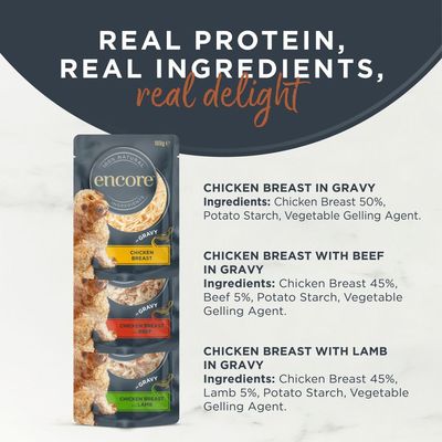 Encore Meat Selection, 100% natural ingredients, 5 x 100g pouches: 2x chicken breast, 2x chicken breast with beef, 1x chicken breast with lamb in gravy. Packaging shows dog and product images.