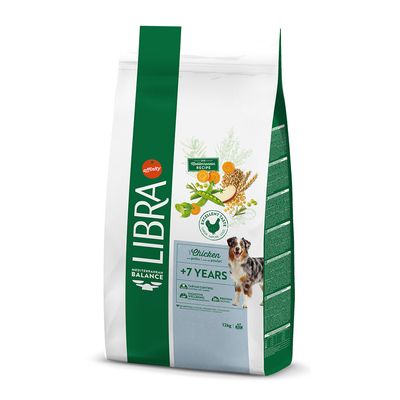 Libra Mediterranean Balance Chicken +7 Years dry dog food, 12kg bag. Visible text: affinity, Mediterranean recipe, excellent taste, tartar control, 26% protein. Image of a dog on pack.