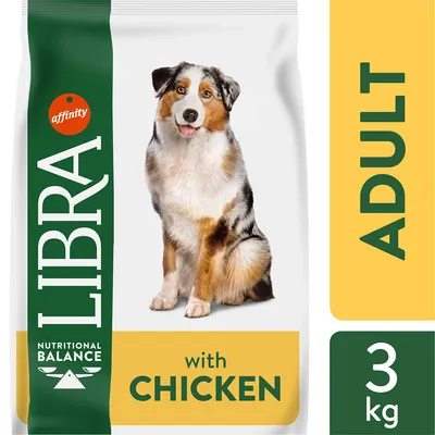 Опаковка на Libra Nutritional Balance с пиле за възрастни кучета, 3 кг. Видим текст: affinity, with CHICKEN, ADULT.