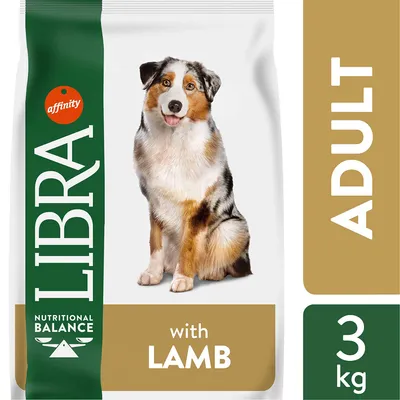 Опаковка на кучешка храна LIBRA Nutritional Balance with LAMB, 3 кг, ADULT. Видим е силует на куче и надпис affinity.
