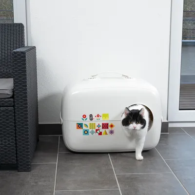 Weisse Katzentoilette mit bunten Mustern, Katze tritt aus der ovalen Öffnung heraus. Geeignet für Innenräume.
