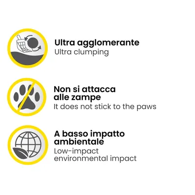 Ultra agglomerante, ultra clumping; Non si attacca alle zampe, it does not stick to the paws; A basso impatto ambientale, low-impact environmental impact. Tekst in Italiaans en Engels.