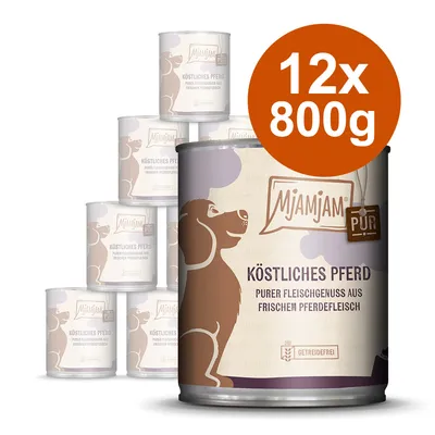 Mjamjam Pur Pyszny koń, 12x800g puszek, czysta przyjemność mięsa ze świeżego końskiego mięsa, bez zbóż.