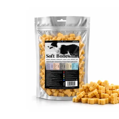 Soft Bones Ser & Minerały, 200 gramów. Składniki analityczne: białko 20%, tłuszcz 10%, włókno surowe 2%, wilgotność 20%. Opakowanie z żółtymi kawałkami kości.
