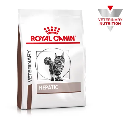 Royal Canin Veterinary Nutrition Hepatic kattmat, förpackning med bild av en katt och brunt design. Royal Canin Veterinary Nutrition Hepatic kattmat, förpackning med bild av en katt och brunt design.