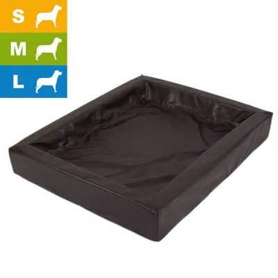 Panier rectangulaire en similicuir noir, disponible en tailles S, M et L, pictogrammes de chien pour chaque taille visibles en haut à gauche. Panier rectangulaire en similicuir noir, disponible en tailles S, M et L, pictogrammes de chien pour chaque taille visibles en haut à gauche.