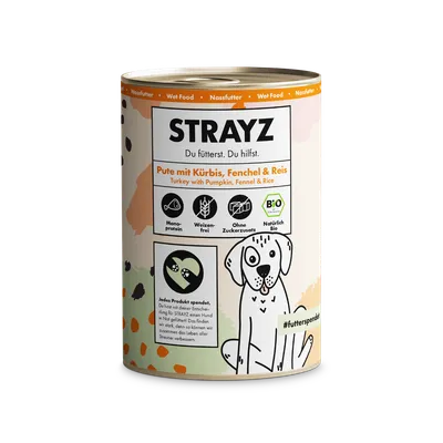 STRAYZ vådfoder med kalkun, græskar, fennikel & ris. Monoprotein, hvedefrit, uden tilsat sukker, naturligt økologisk. Hvert produkt støtter hunde i nød. STRAYZ vådfoder med kalkun, græskar, fennikel & ris. Monoprotein, hvedefrit, uden tilsat sukker, naturligt økologisk. Hvert produkt støtter hunde i nød.