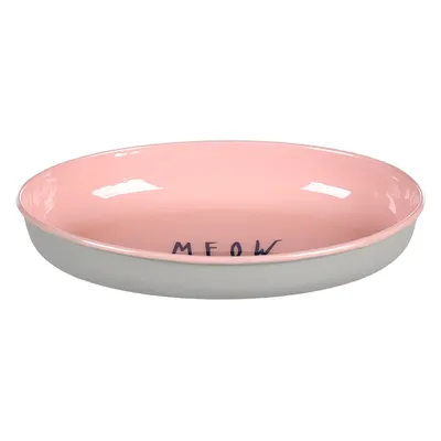 Gamelle en céramique rose et blanche avec l’inscription « MEOW » à l’intérieur.