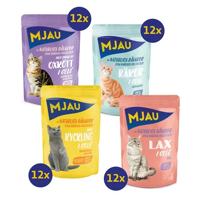 Mjau kattmat i gelé, 12x oxkött, 12x räkor, 12x kyckling, 12x lax. Naturliga råvaror utan onödiga tillsatser.