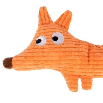 Jouet pour chien en peluche orange en forme d’animal avec museau marron, yeux brodés noirs et blancs, surface côtelée en tissu.