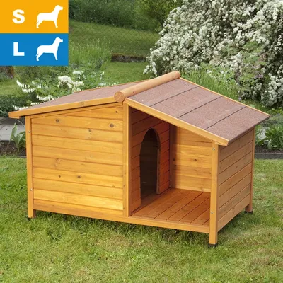 Niche pour chien en bois avec toit incliné, entrée en arche. Icônes tailles S et L indiquées en haut à gauche.