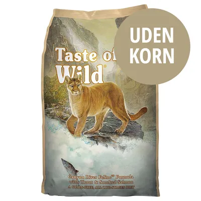Taste of the Wild kattefoder, Canyon River Feline Formula with Trout & Smoked Salmon. UDEN KORN står tydeligt på pakken. Taste of the Wild kattefoder, Canyon River Feline Formula with Trout & Smoked Salmon. UDEN KORN står tydeligt på pakken.