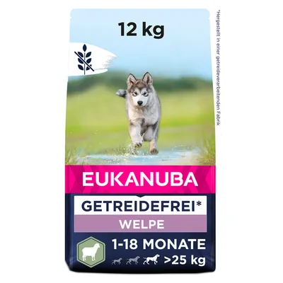 Eukanuba brez žit za mladiče, 12 kg, za pse od 1 do 18 mesecev nad 25 kg. Proizvedeno v obratu, kjer se predelujejo žita.