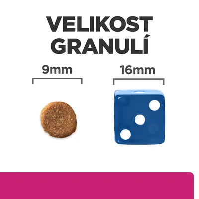 Velikost granulí: porovnání granule o průměru 9 mm a modré kostky o velikosti 16 mm. Text: VELIKOST GRANULÍ, 9 mm, 16 mm.