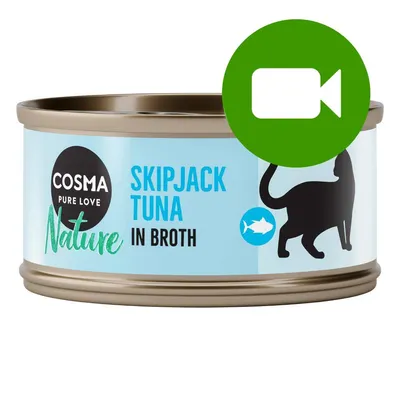 Przycisk odtwarzania wideo. Kliknij tutaj, aby obejrzeć film dotyczący produktu Cosma Pure Love Nature Skipjack Tuna in Broth.