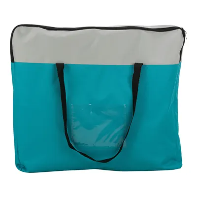 Sac rectangulaire en tissu bleu et gris avec deux anses noires et une poche transparente sur le devant, fermeture éclair visible en haut.