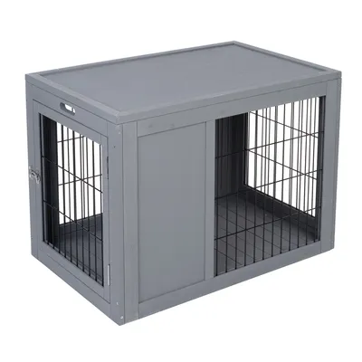 Cage rectangulaire pour animaux en bois et métal, porte latérale avec loquet, panneaux pleins sur le dessus et un côté, grilles noires sur deux côtés.