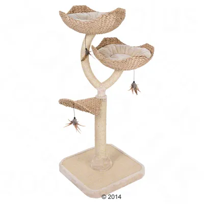 Arbre à chat en sisal et osier avec deux paniers rembourrés, une plateforme, base carrée et trois jouets suspendus à plumes visibles.
