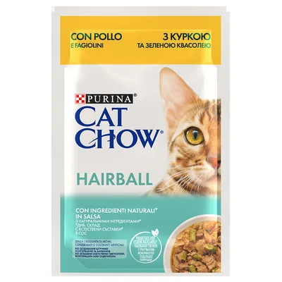 Purina Cat Chow Hairball csirkével és zöldbabbal szószban. Természetes összetevőkkel, mesterséges aromák és színezékek nélkül. Újrahasznosítható csomagolás.