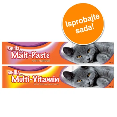 smilla Malt-Paste Anti-Hairball 200 g i smilla Multi-Vitamin Mit 12 Vitaminen und Taurin 200 g, siva mačka na pakiranju, narančasti krug s tekstom Isprobajte sada!