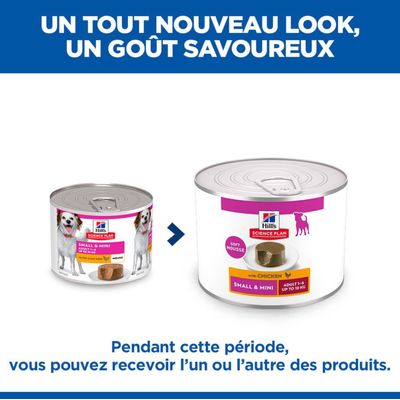 Remarque : Pendant la période de transition, vous pouvez recevoir soit l'ancien, soit le nouveau packaging de Hill's Science Plan Small & Mini au poulet.
