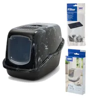 Savic Katzentoilette Nestor Marble - Komplettset: Toilette marmor - schwarz-weiß / schwarz + 2 extra Filter + 12 Bag it Up