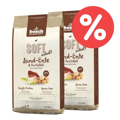 Bosch Soft Adult Land-Ente & Kartoffel, Single Protein, Grain Free, 12,5 kg. Rabatt-Symbol sichtbar.
