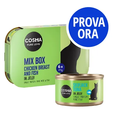Cosma Pure Love Mix Box Chicken Breast and Fish in Jelly, 6×170g. Skipjack Tuna in Jelly, single protein pure fish. Pulsante blu con testo: PROVA ORA. Cosma Pure Love Mix Box Chicken Breast and Fish in Jelly, 6×170g. Skipjack Tuna in Jelly, single protein pure fish. Pulsante blu con testo: PROVA ORA.
