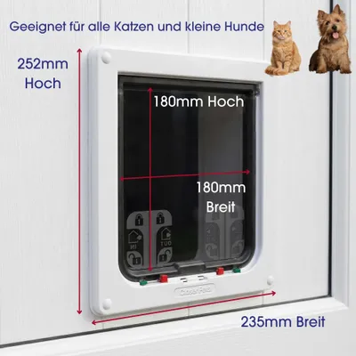 Maße der Katzen- und Hundeklappe: 252mm hoch, 235mm breit, Durchgang 180mm hoch und 180mm breit. Geeignet für alle Katzen und kleine Hunde.