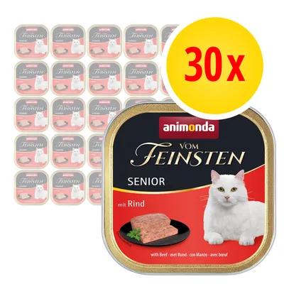 Animonda Vom Feinsten Senior mit Rind, 30x tacka z karmą dla kota, widoczny biały kot i kawałek mięsa na opakowaniu, żółte kółko z napisem 30x