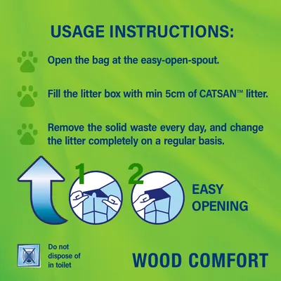 Usage instructions: open the bag at the easy-open spout, fill litter box with minimum 5cm of CATSAN litter, remove solid waste daily, change litter regularly. Do not dispose in toilet. Usage instructions: open the bag at the easy-open spout, fill litter box with minimum 5cm of CATSAN litter, remove solid waste daily, change litter regularly. Do not dispose in toilet.
