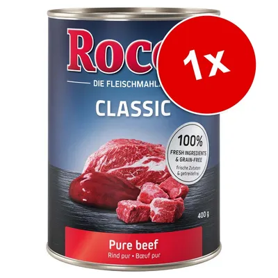Консерва Rocco Classic Pure beef, 400 г. Надпись: 100% fresh ingredients & grain-free. Указано количество: 1×.
