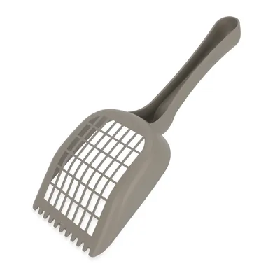 Grå ströspade i plast med gallerdesign och ergonomiskt handtag, lämplig för rengöring av kattströ.
