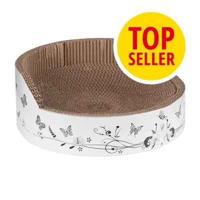 Okrągły drapak z tektury, biały brzeg z motywem kwiatów i motyli. Widoczny żółty znak z napisem TOP SELLER.